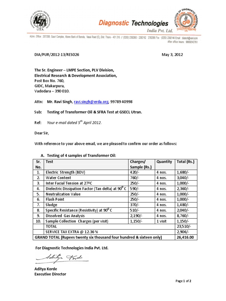 Transformer Testing Purchase Order Rupee Transformer