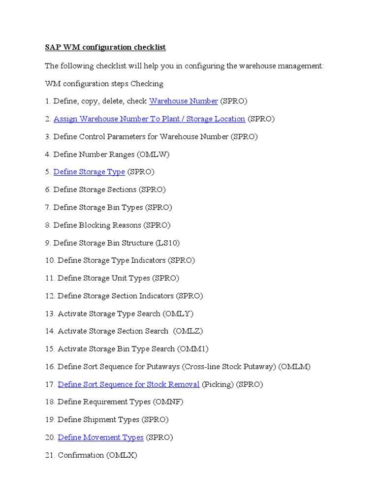 SAP WM Configuration Steps Checklist | PDF | Warehouse | Computing