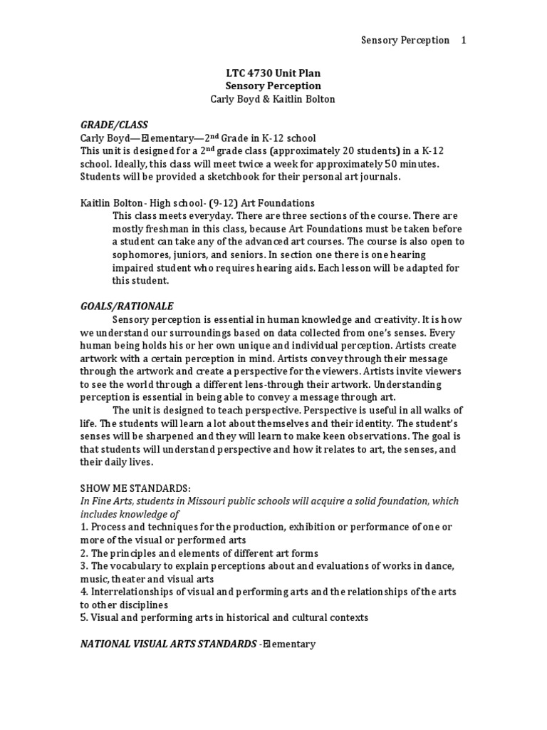 Final Unit Plan | PDF | Senses | Perception