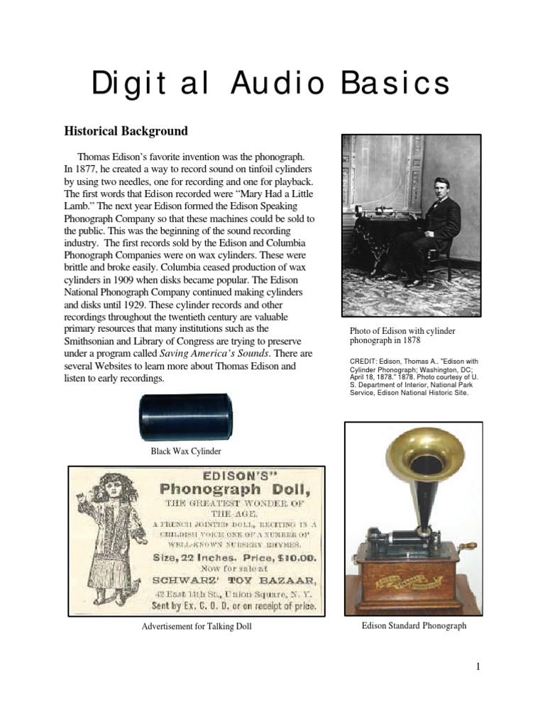 Digital Audio Basics Historical Background PDF Phonograph Sound