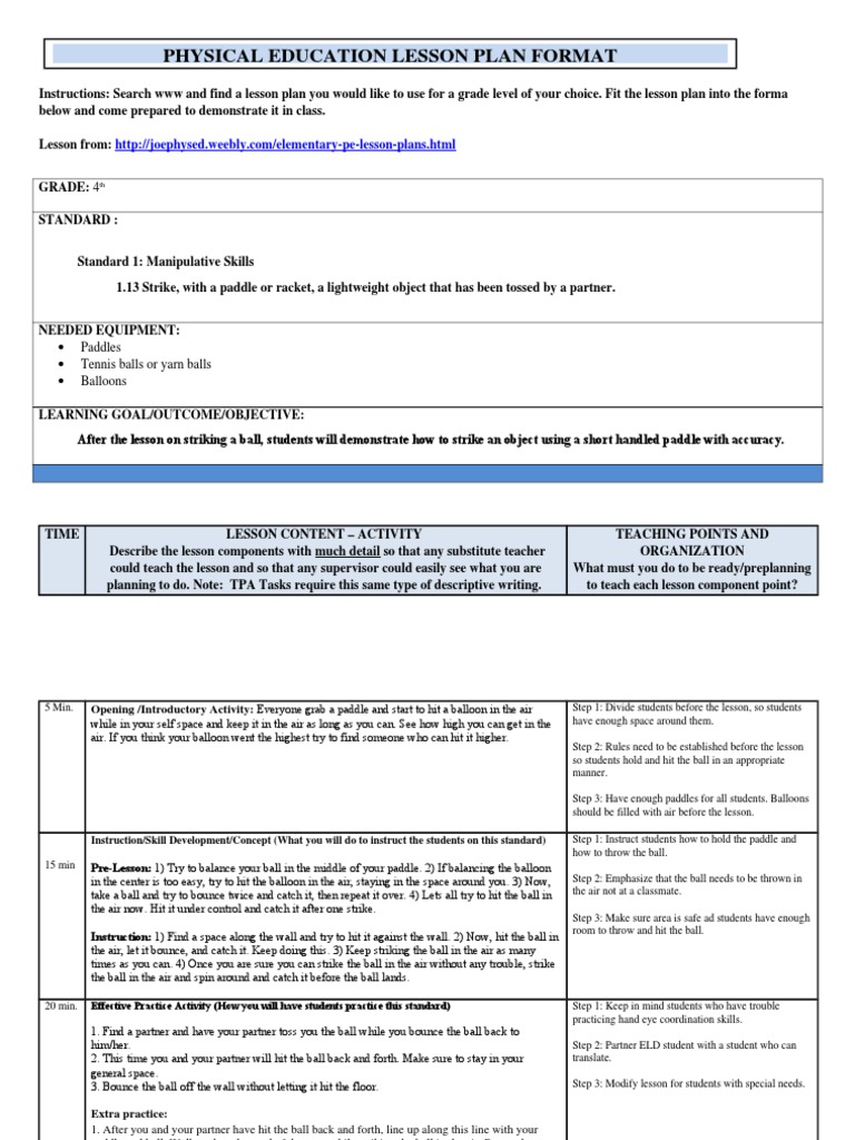 Pe Lesson Format | PDF | Lesson Plan | Physical Education