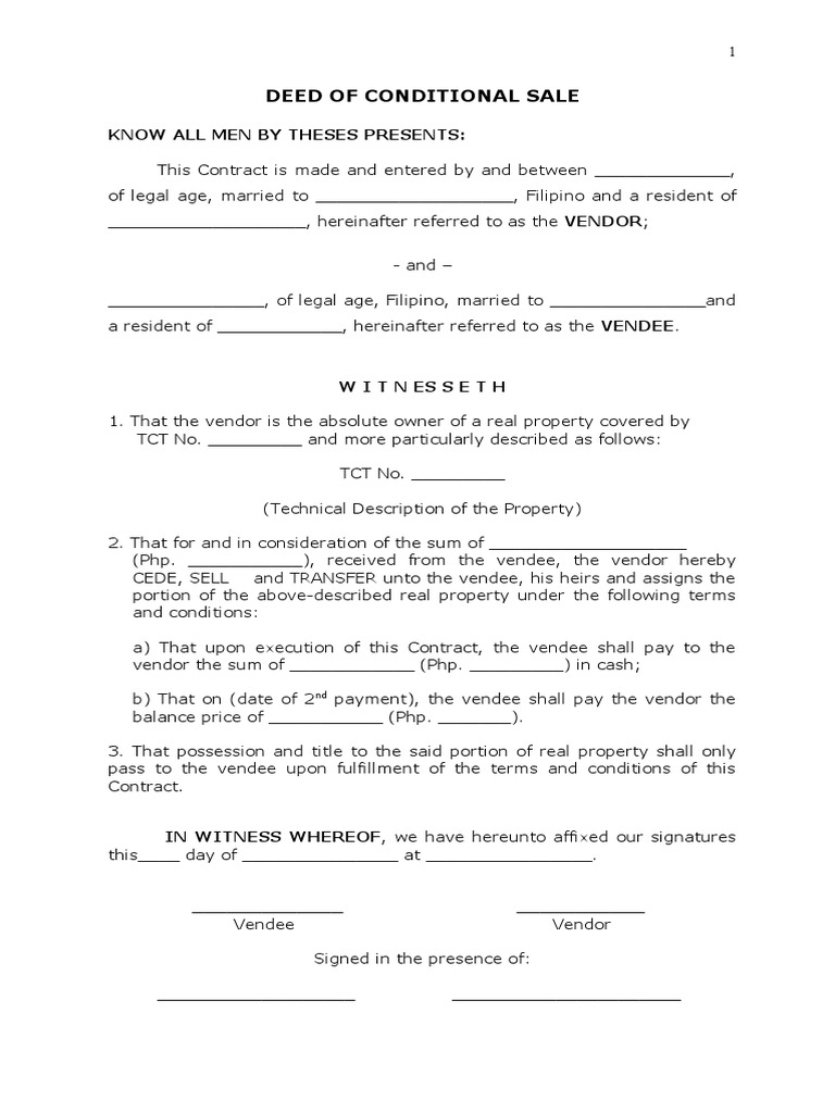 Deed of Conditional Sale Agreement | PDF
