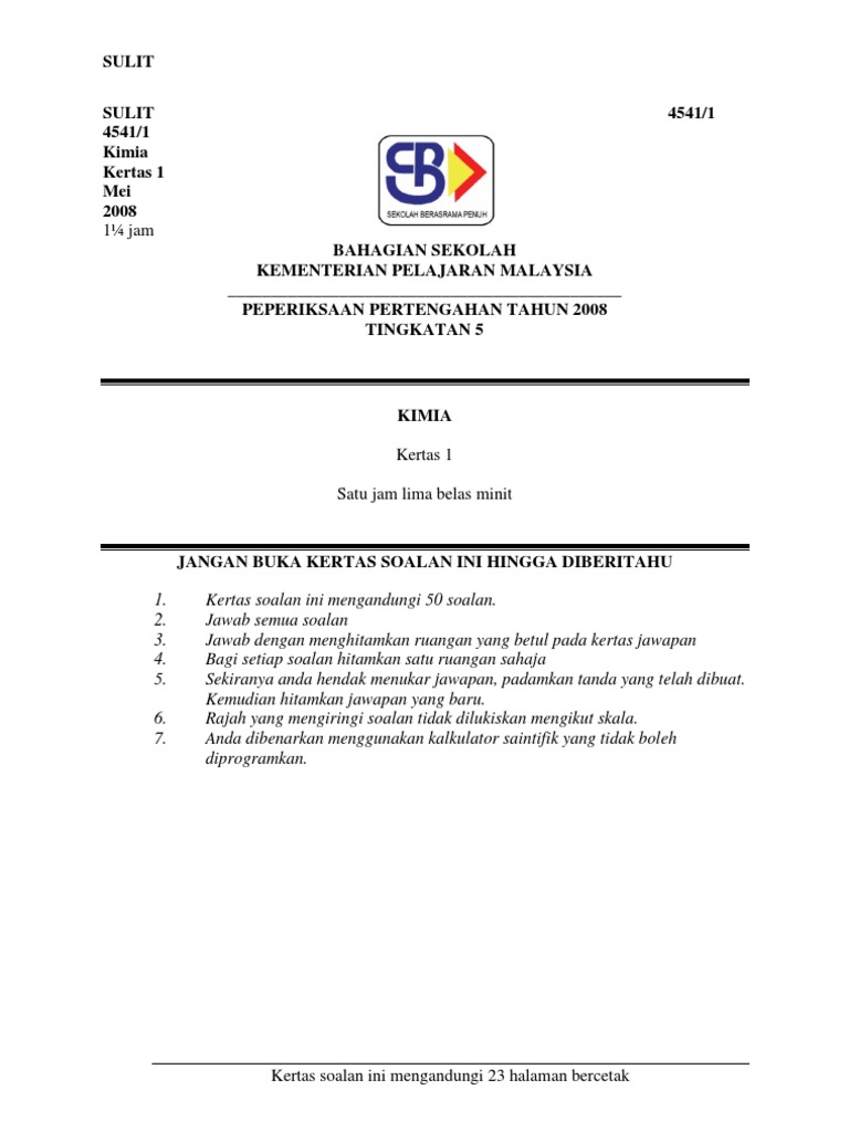 Kimia P1 SBP Mid Year SPM 2008 | PDF | Ion | Hydroxide