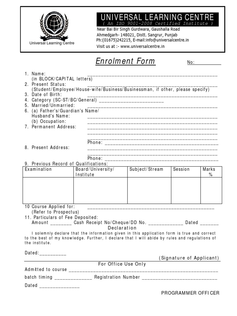 Enrolment Form for Universal Learning Centre | PDF