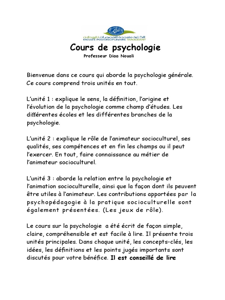 Cours de psychologie générale PDF | PDF