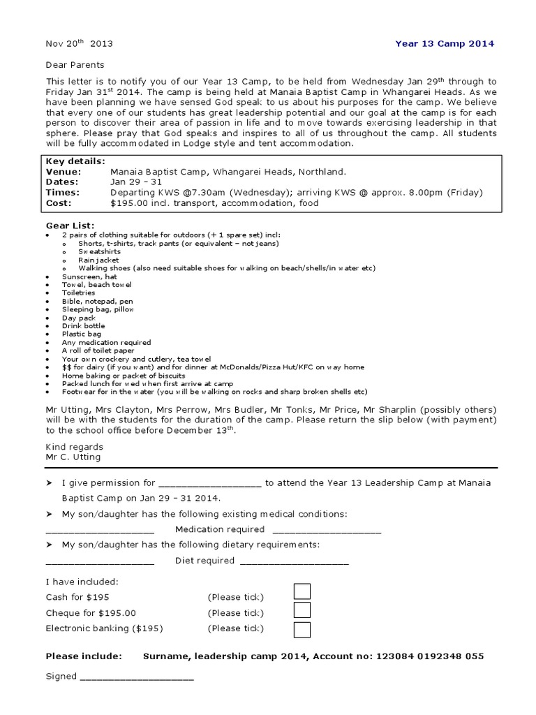 Permission Letter Year 13 Camp Camping Free 30day Trial Scribd