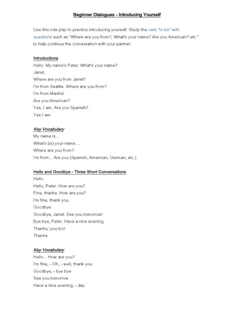Beginner Dialogues: Introducing Yourself | PDF