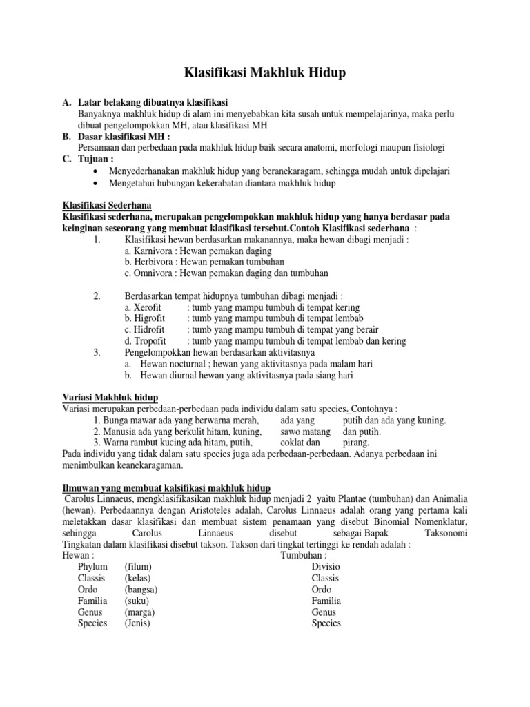 Rangkuman Klasifikasi Makhluk Hidup
