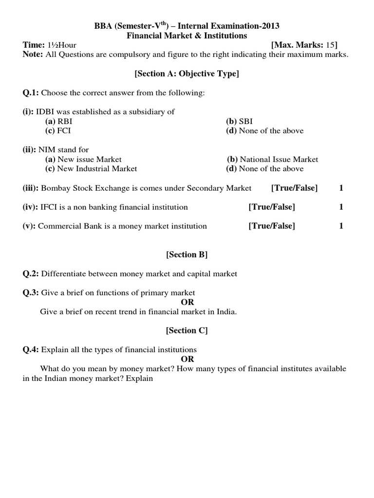 BBA Financial Markets Exam 2013 Guide | PDF