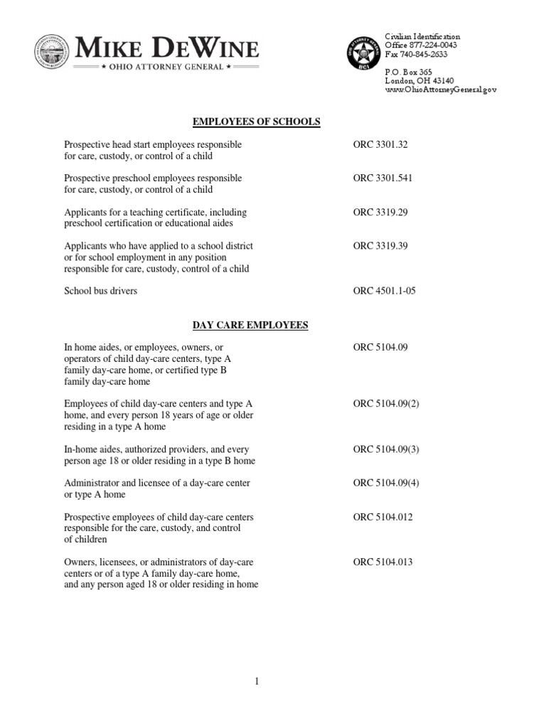 Ohio BCI Background Check Codes | PDF | Day Care | Long Term Care