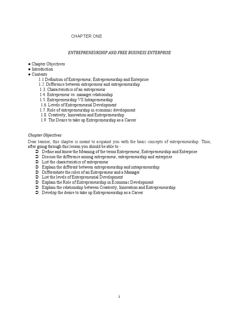 Entrepreneurship and Free Business Enterprise: Chapter One | PDF ...