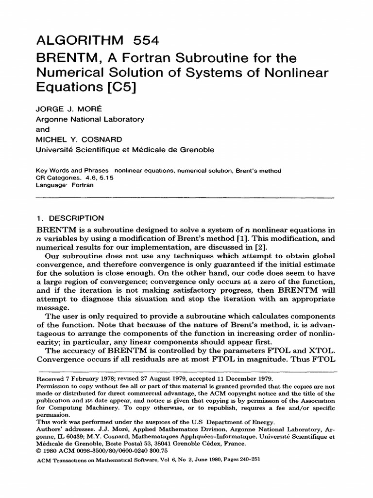 A Fortran Subroutine For The Numerical Solution Of Systems Of Nonlinear Equations Pdf Matrix Mathematics Function Mathematics