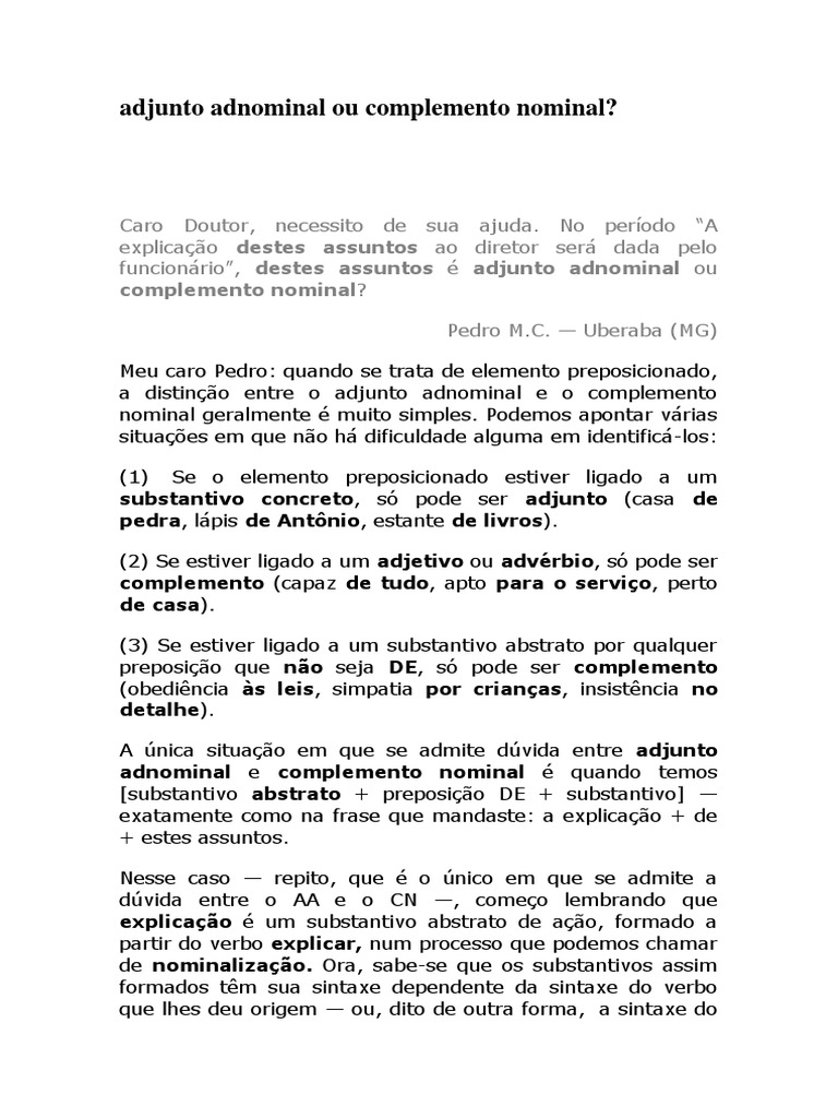 Adjunto Adnominal Ou Complemento Nominal | PDF | Substantivo | Linguística