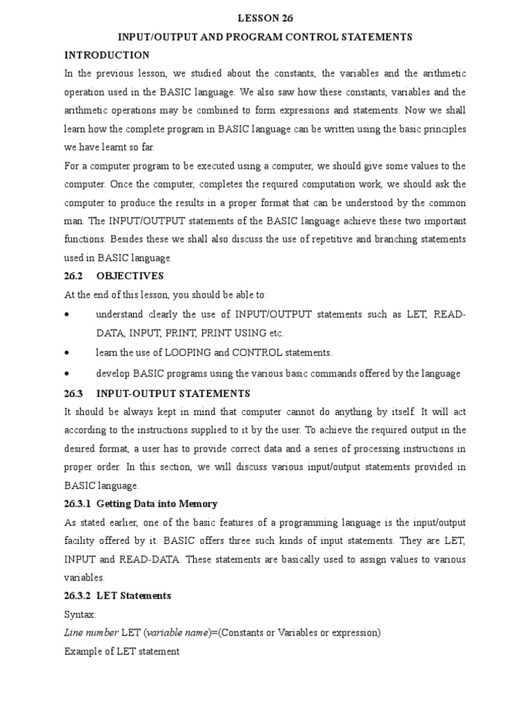 Lesson 26 Input/Output and Program Control Statements Introduction in ...