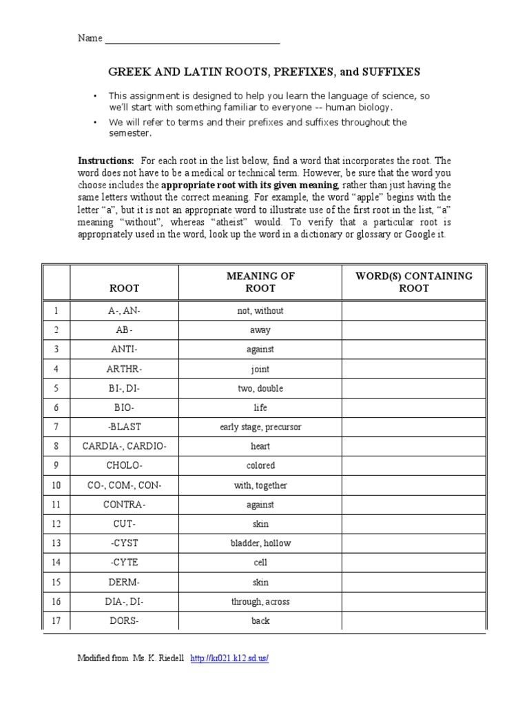 Greek Latin Roots Assignment | PDF | Biology | Anatomy