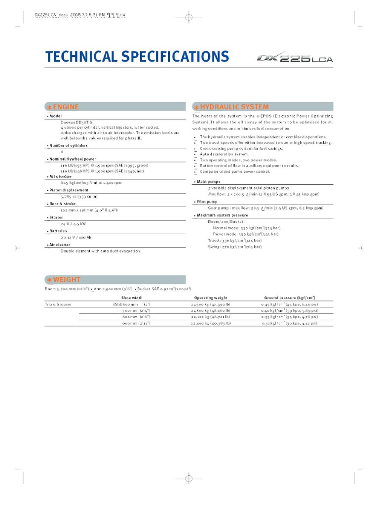 Doosan DX225LCA Especificaciones | PDF