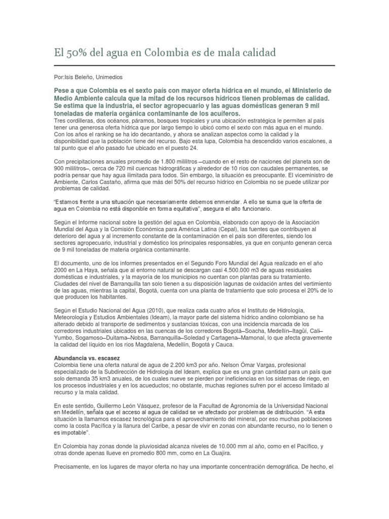 50% del agua en Colombia es contaminada | PDF | Colombia | Agua