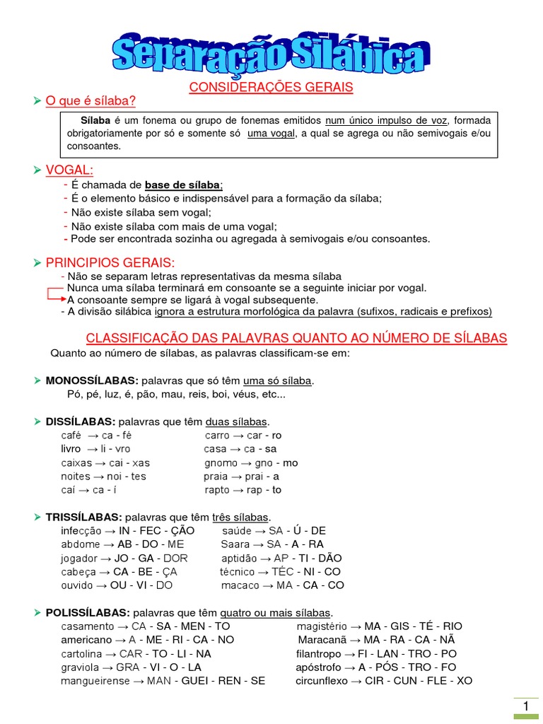 Separação Silábica | PDF | Sílaba | Estresse (Linguística)