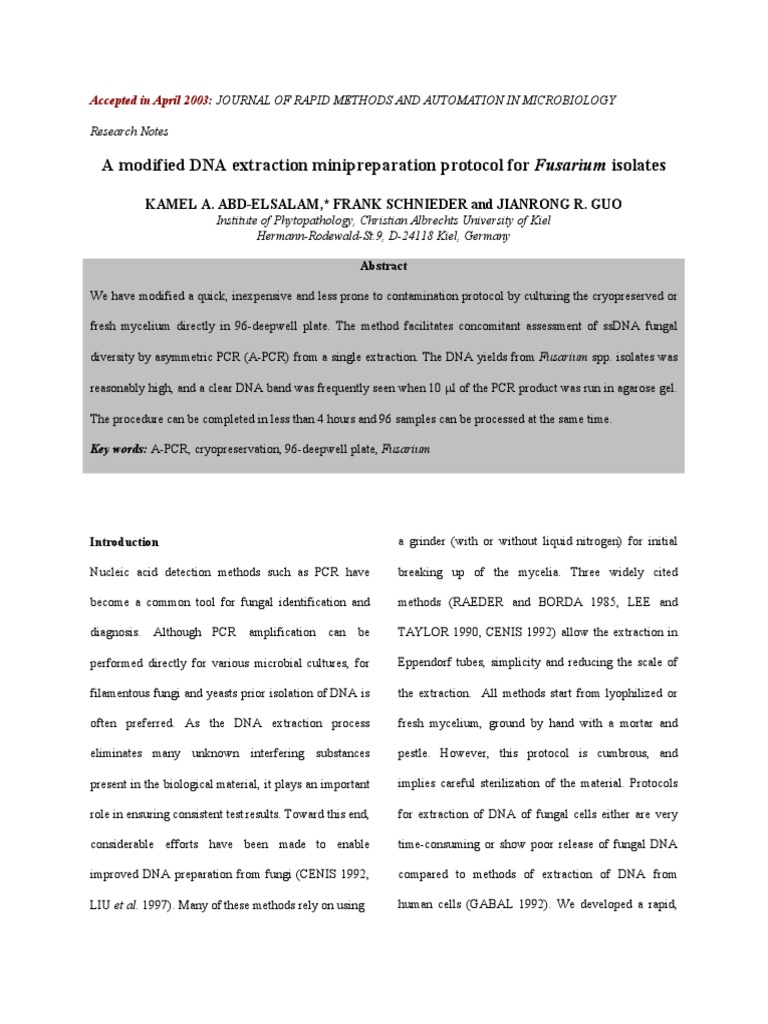 Rapid DNA Extraction for Fusarium Fungi | PDF | Polymerase Chain ...