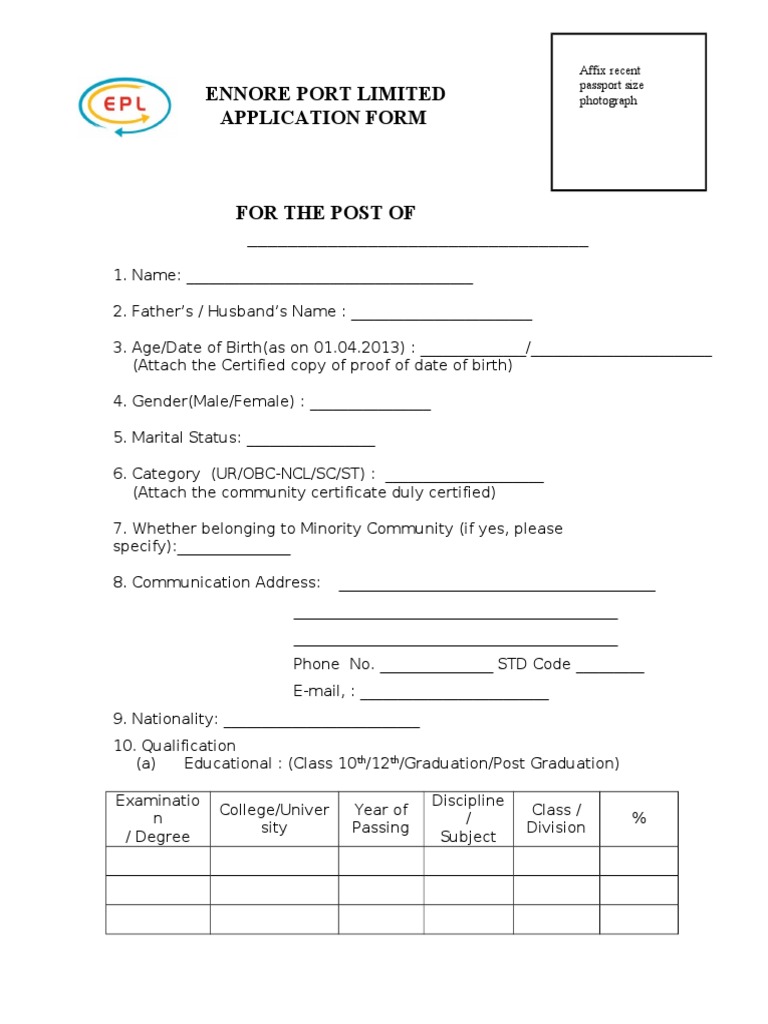 Ennore Port Job Application Form | PDF | Social Science | Law
