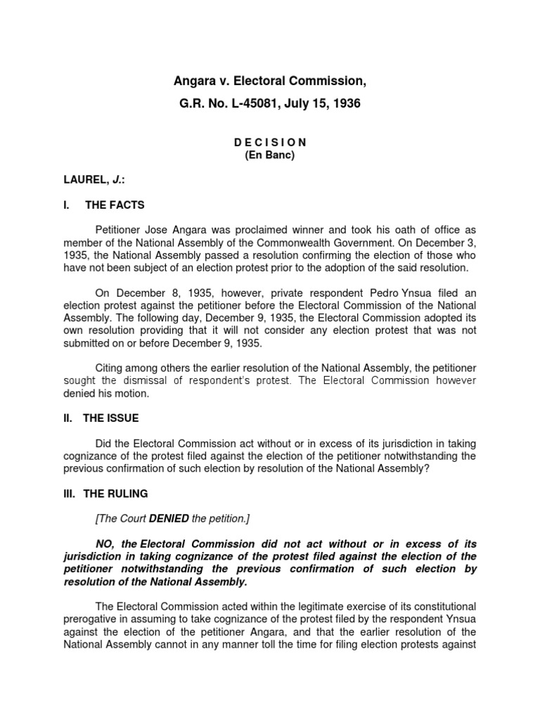 Angara v. Electoral Commission Ruling | PDF | United States Law ...