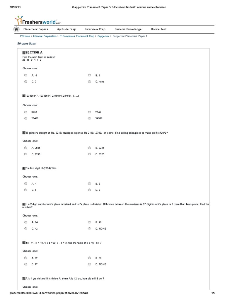 Capgemini Placement Paper 1Fully Solved Test With Answer and