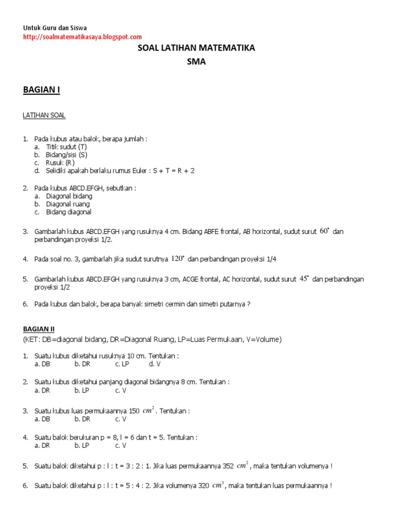 Soal  Latihan Matematika  Geometri Ruang Sma Kelas  x   Soal  Latihan Matematika  Geometri Ruang Sma Kelas  x