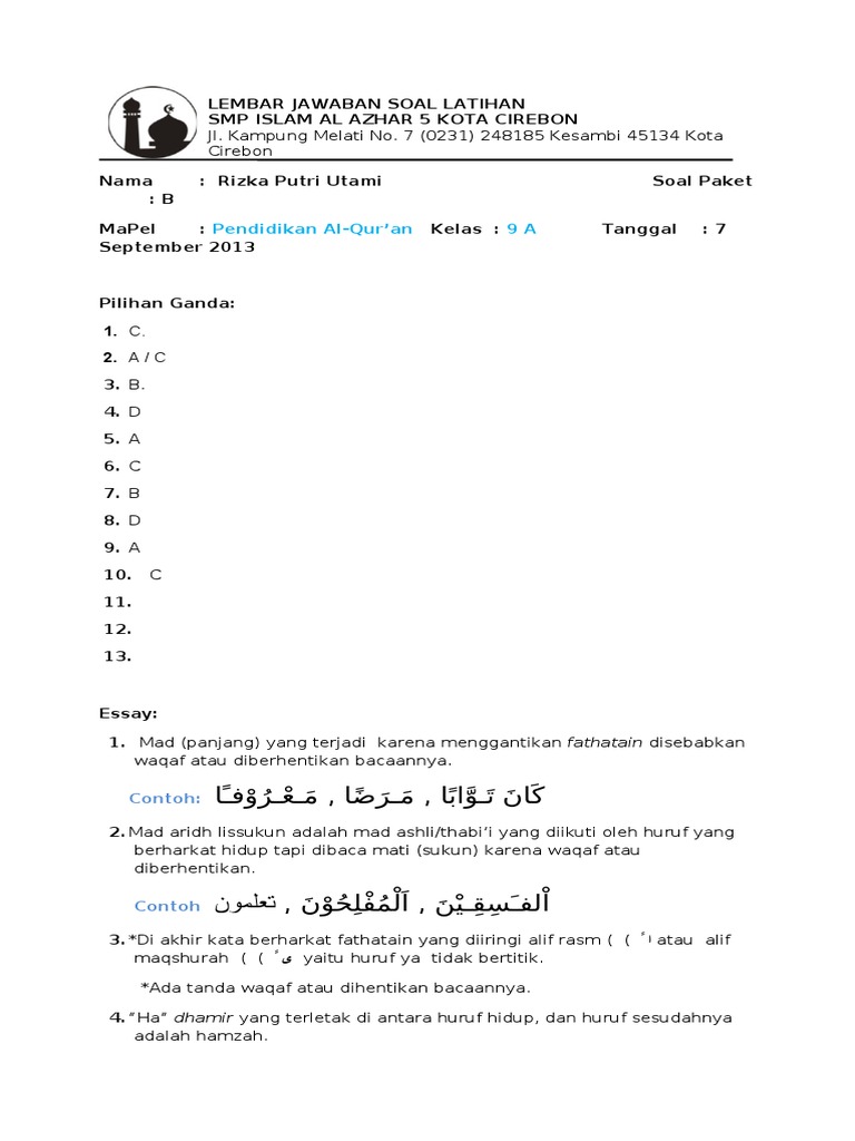Lembar Jawaban Soal Latihan