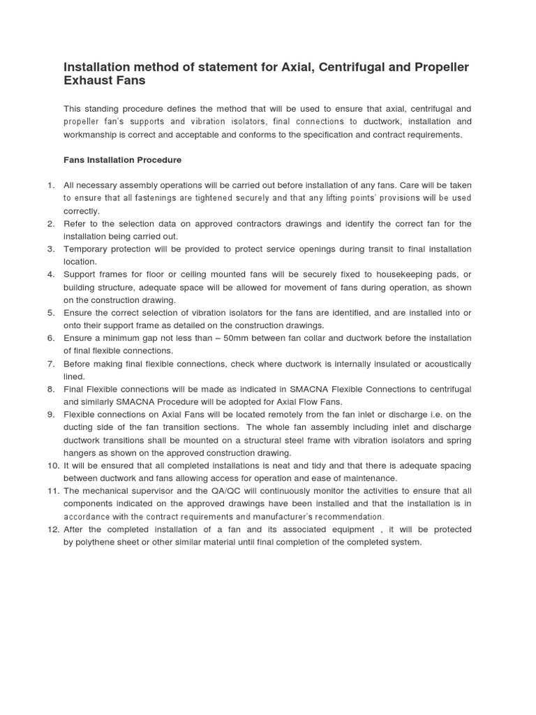 Installation Method of Statement For Axial, Centrifugal and Propeller ...
