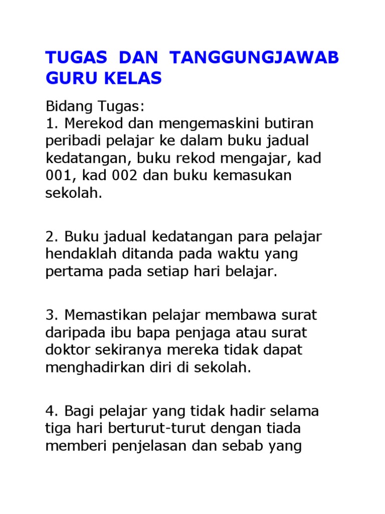 Tugas Dan Tanggungjawab Guru Kelas Pdf