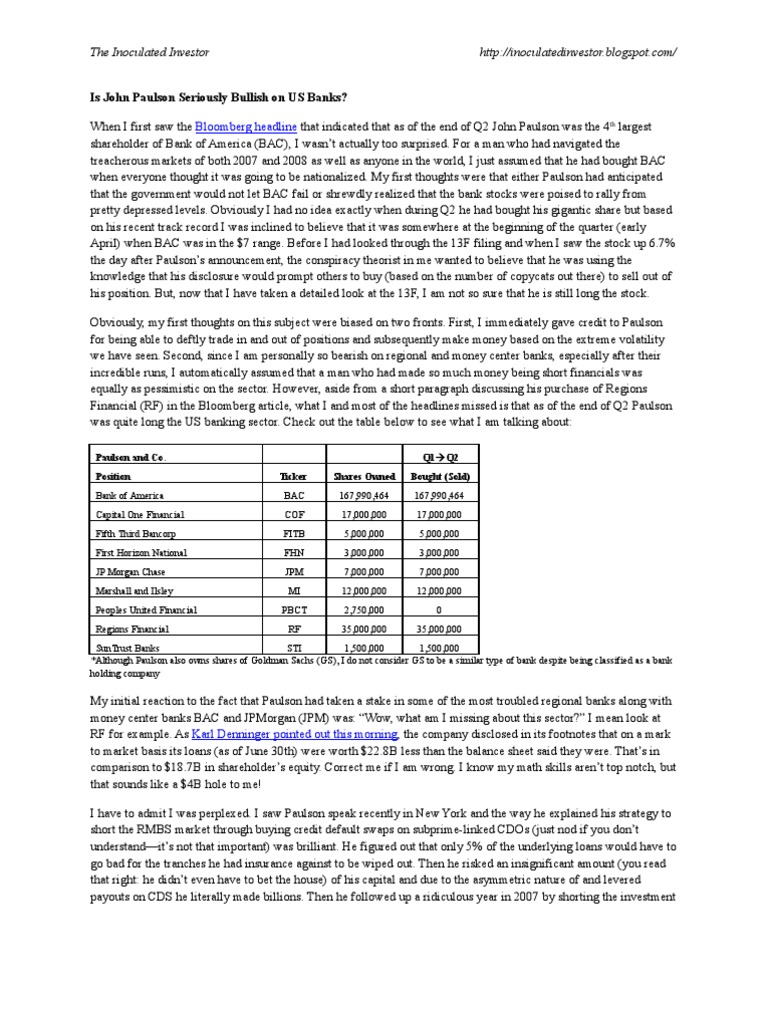 Is John Paulson Seriously Bullish On US Banks PDF Credit Default