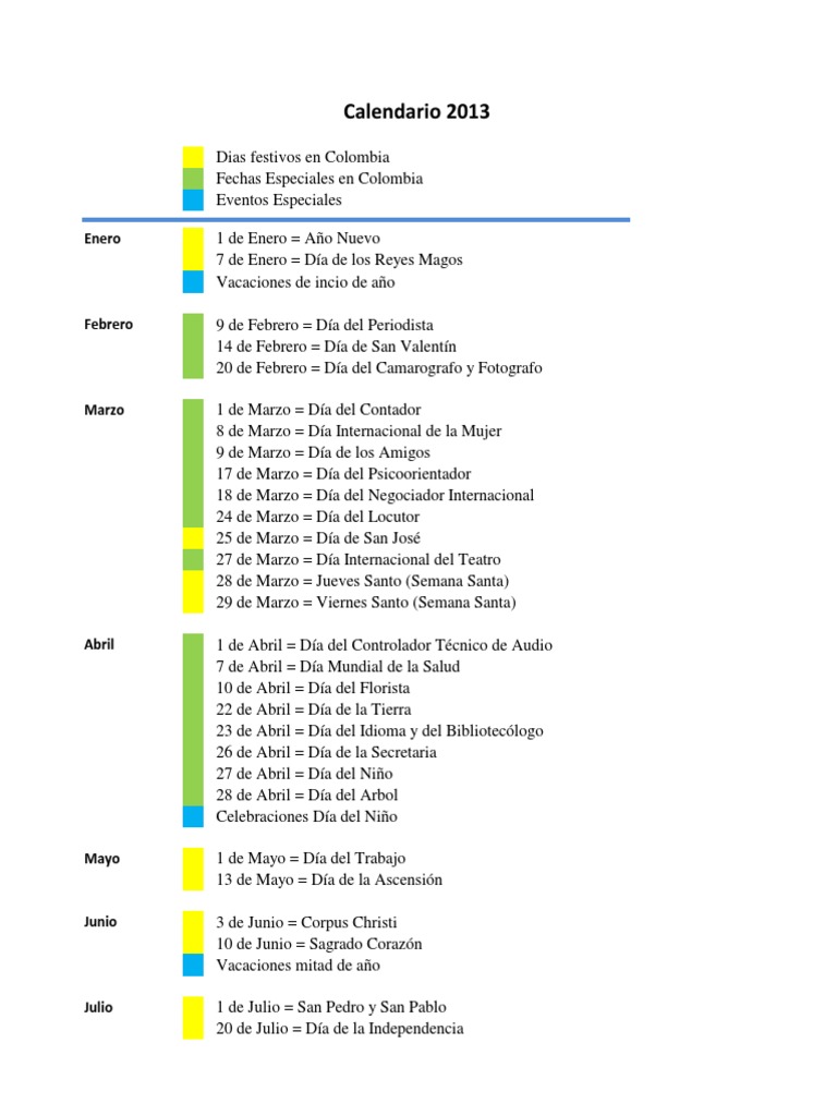 Calendario 2020 Colombia Con Festivos Y Fechas Especiales