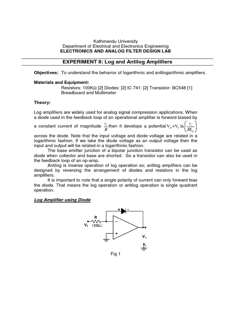 Lab8 Log Antilog Amplifiers PDF Amplifier Bipolar Junction Transistor