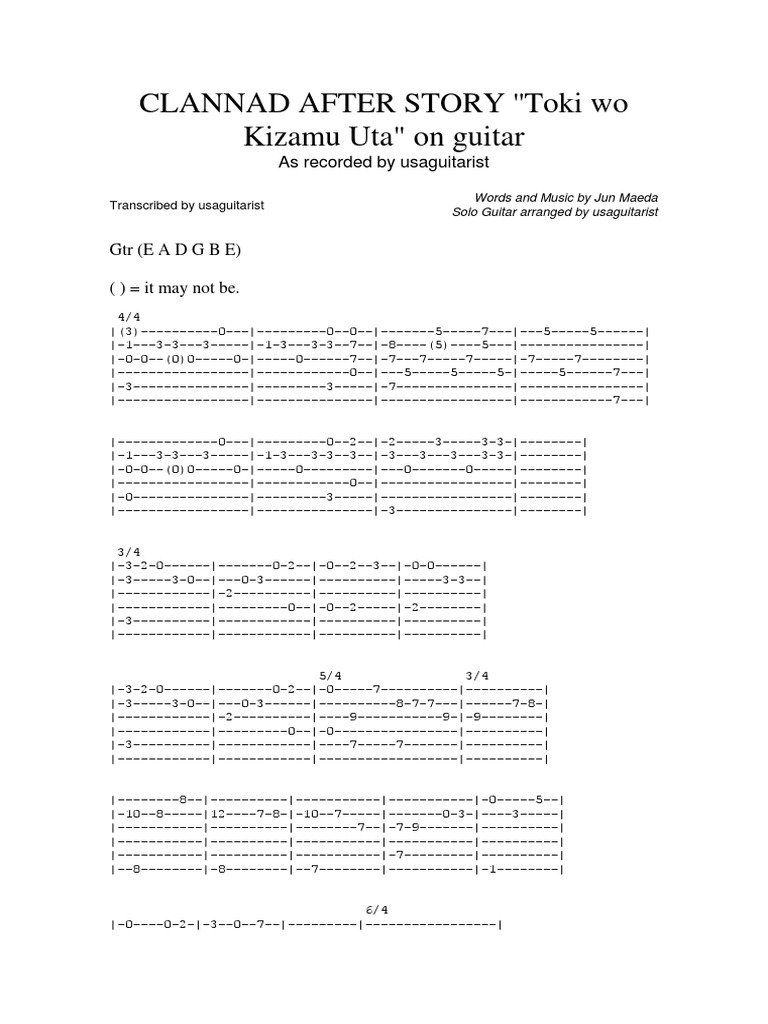Clannad After Story OP - Toki Wo Kizamu Uta Guitar (Solo) PDF