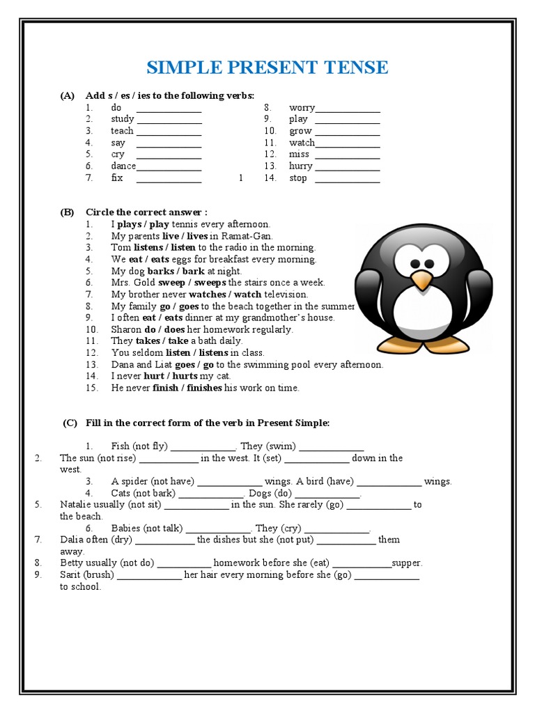 Present Simple S Es Ies Exercises Pdf
