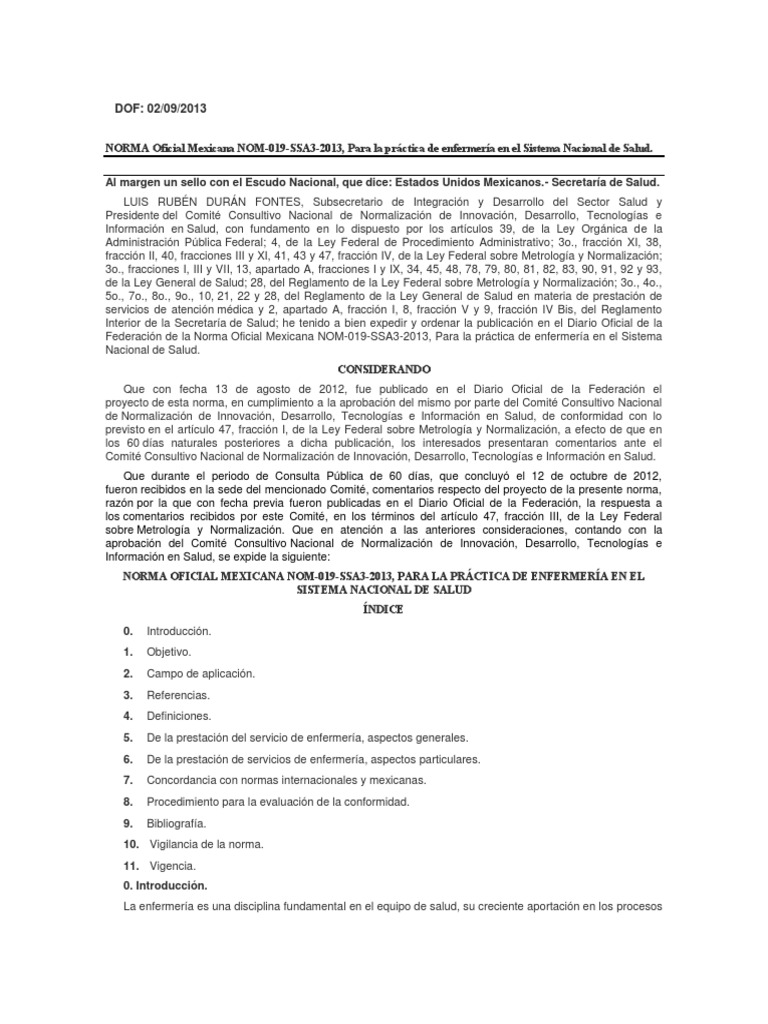NOM019SSA32013 práctica de enfermería en el SNS