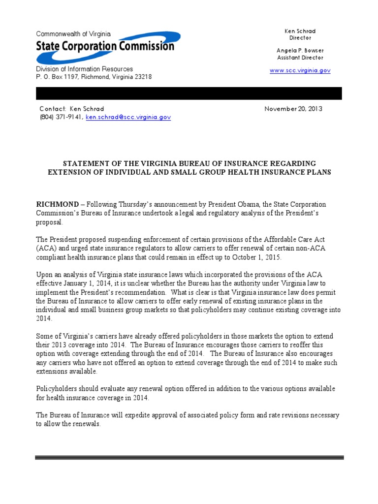 Statement of The Virginia Bureau of Insurance Regarding Extension of ...