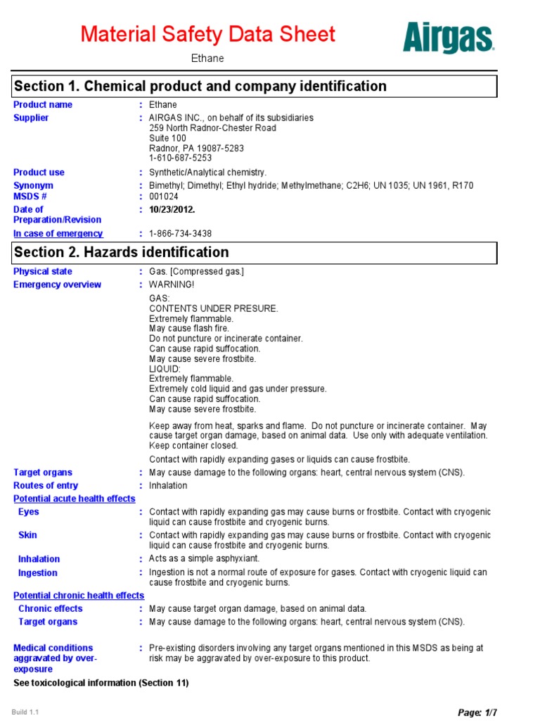 Msds Ethane Dangerous Goods Toxicity