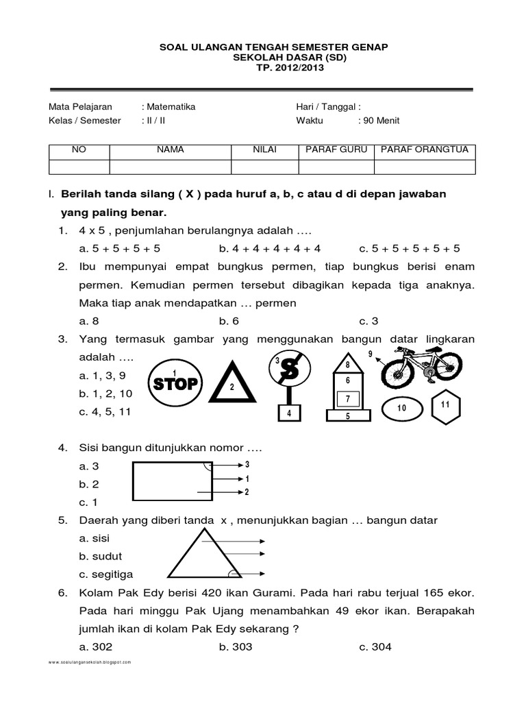 Soal Uts Matematika Kelas 2 Sd Semester Genap Soal Uts Matematika Kelas 2 Sd Semester Genap