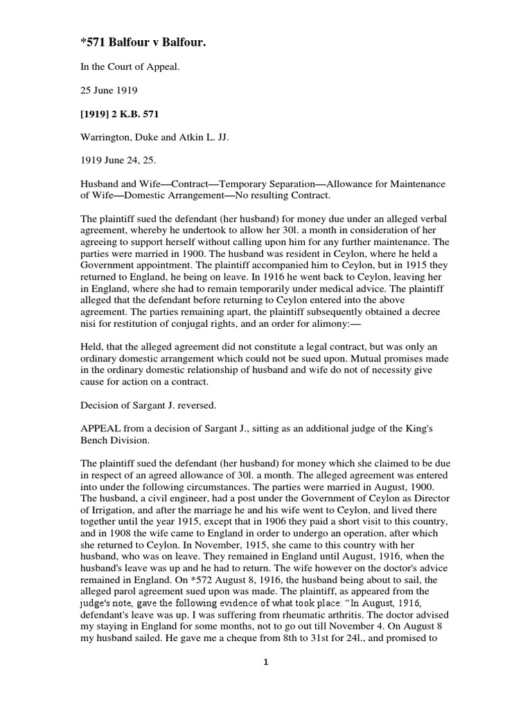 Balfour V Balfour (1919) 2 KB 571 Consideration Lawsuit