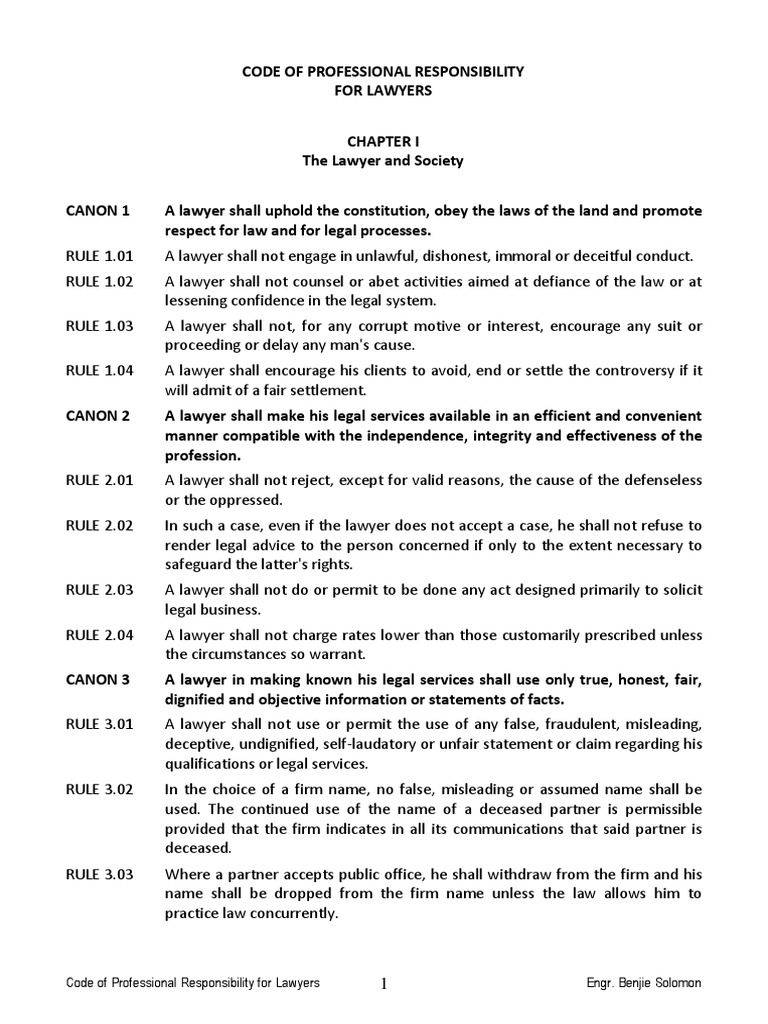 Code of Professional Responsibility for Lawyers Practice Of Law Lawyer