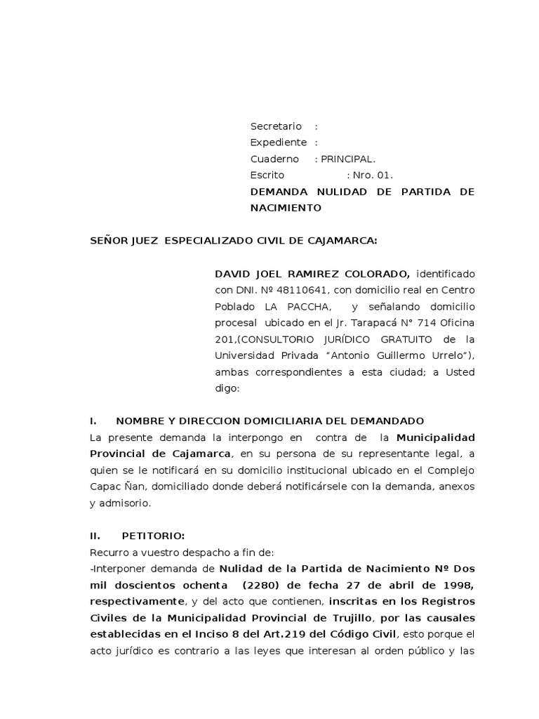 Demanda Nulidad de Partida de Nacimiento PDF