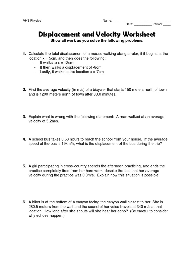 Worksheets Speed And Velocity Worksheet displacement and velocity worksheet1 speed velocity