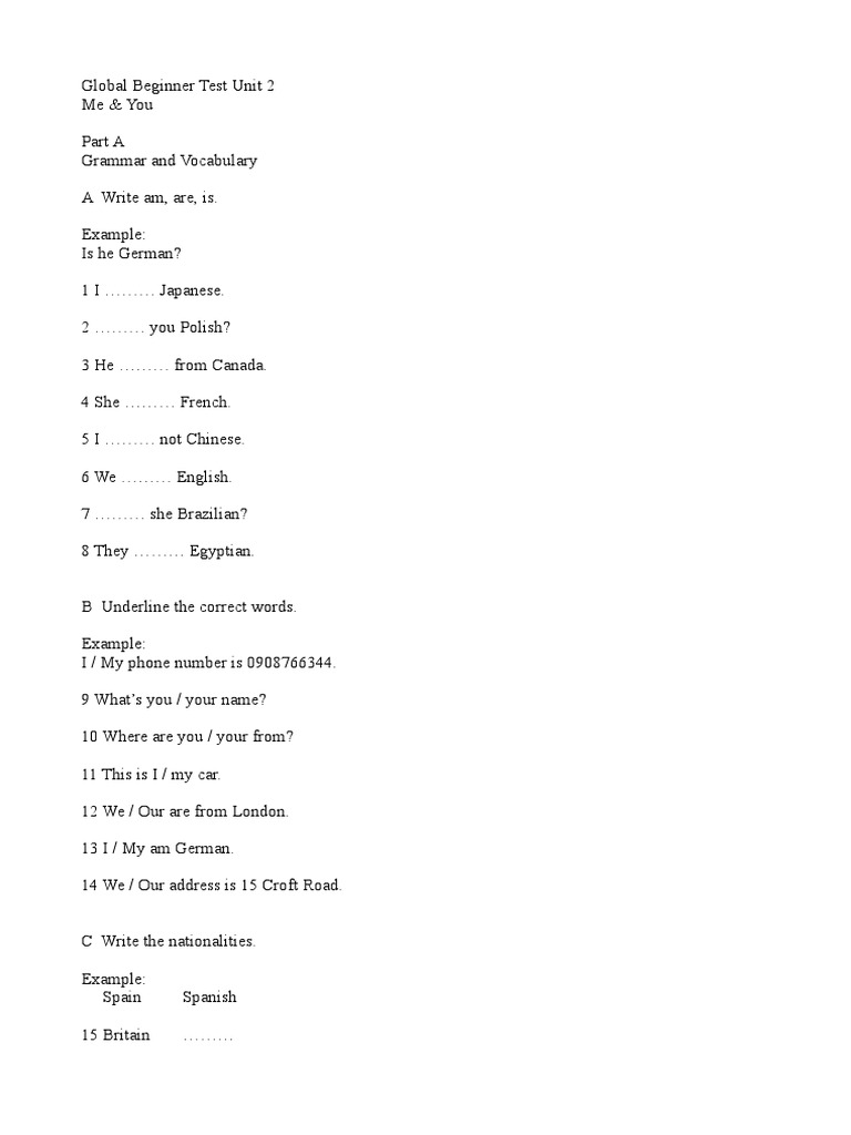 Global Beginner Test Unit 2 | PDF