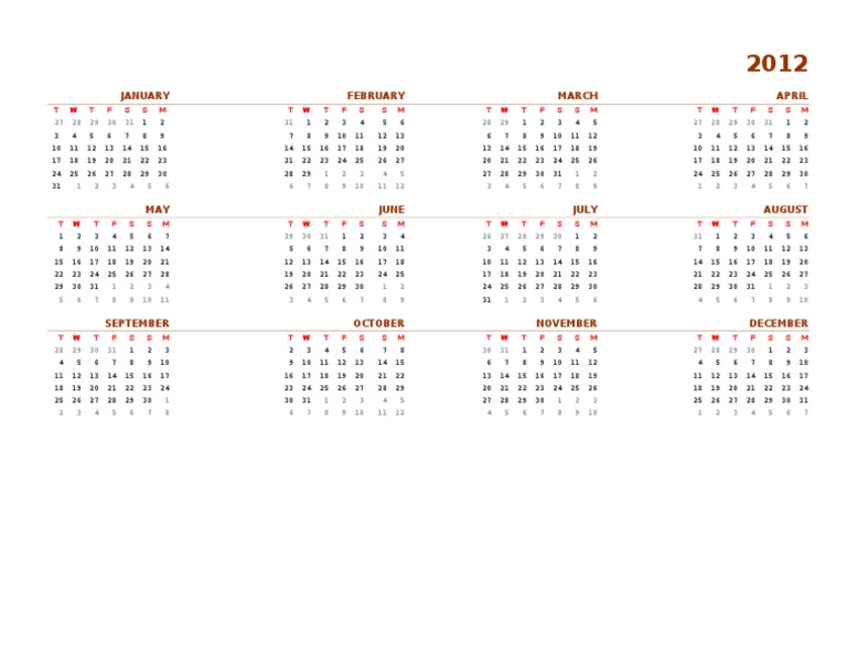 2012 Monthly Calendar Overview | PDF