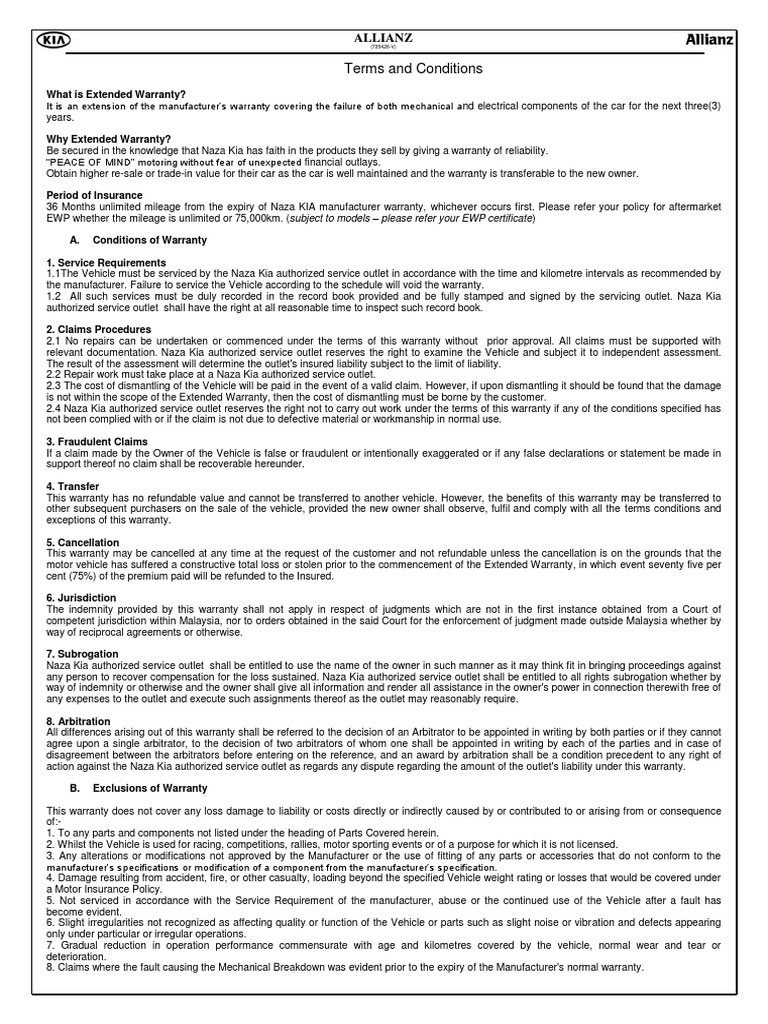 EWP - T&amp;C Warranty Kia Forte 5 Years | PDF | Valve | Steering