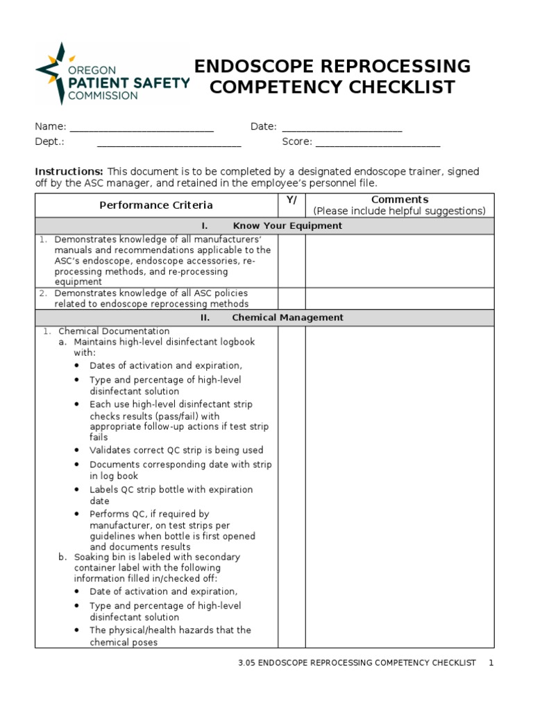 3.05 Endoscope Reprocessing Competency Checklist PDF Endoscopy