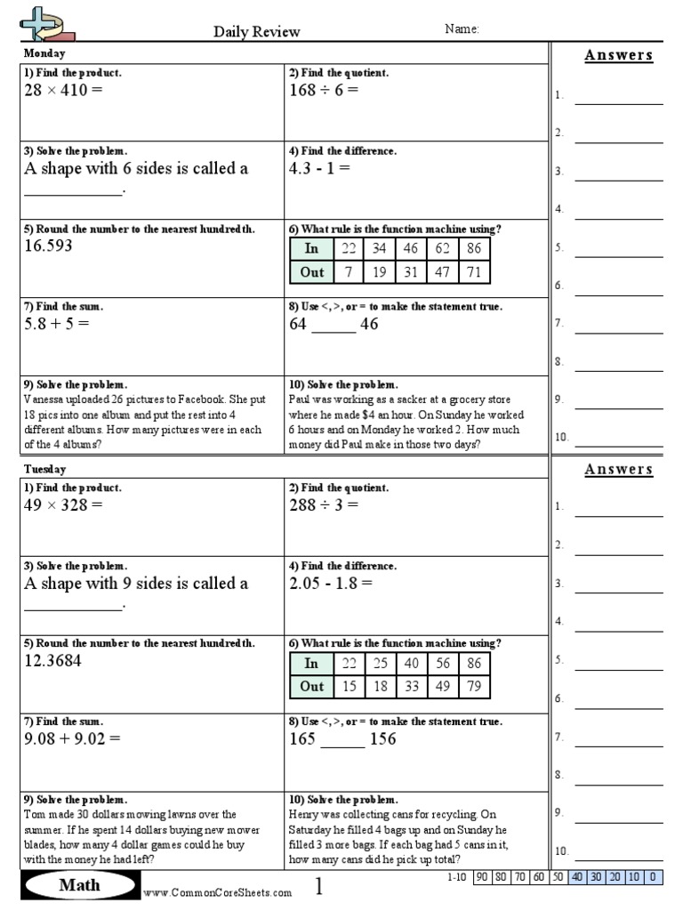 Daily Math Review Worksheets | PDF | Mower | Leisure