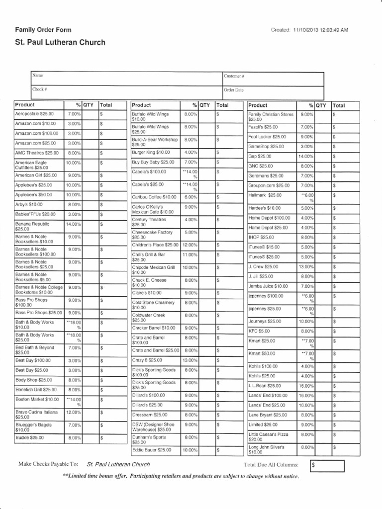 St. Paul Lutheran Family Order Form | PDF