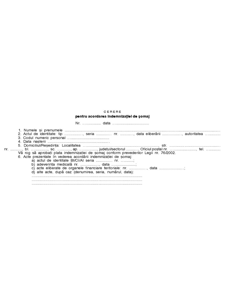 Cerere Pentru Acordarea Indemnizatiei de Somaj Model AJOFM | PDF